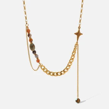 Stainless Steel Natural Stone Pendant Necklace Exquisite Metal Texture 18 K Cross Long Chains Necklace бижутерия для женщин Gift