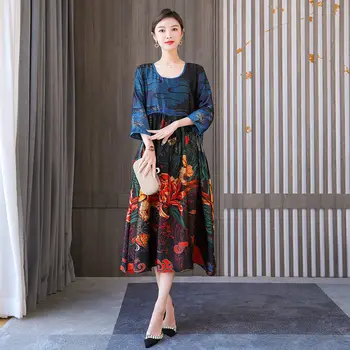 Tang Elbise Modern 2022 Yeni Bahar Ve Yaz High-End Ağır İpek Elbise kadın Orta Uzunlukta Baskılı Vintage Gevşek Vestidos h1044