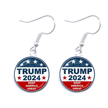 Trump 2024 Küpe ABD Seçim Koleksiyonu 16mm Cam Cabochon Gümüş Kaplama Damla Küpe Takı Kadınlar Kız İçin Destek Trump