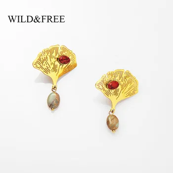 Vahşi ve Ücretsiz Vintage Altın Kaplama Ginkgo Yaprağı Dangle Küpe Kadınlar İçin Küçük Doğal Taş Damla Küpe paslanmaz çelik Takı