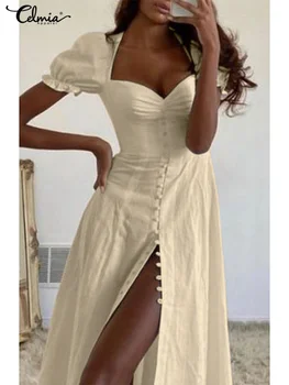 Vintage Kalp Boyun uzun elbise Celmia Kadınlar Zarif Kısa Puf Kollu Pilili A-line Sundress Moda Kadın Tek göğüslü Elbiseler