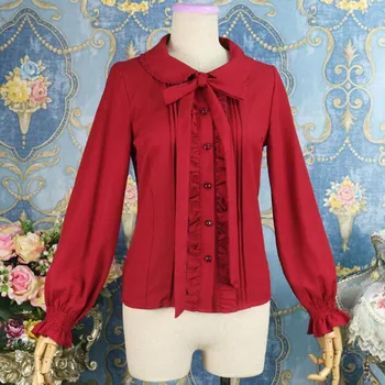 Vintage Victoria Gotik Gömlek Kadın Üstleri Peter Pan Yaka Uzun Kollu Kırmızı Şifon Lolita Bluzlar Kadınlar İçin Moda 2022