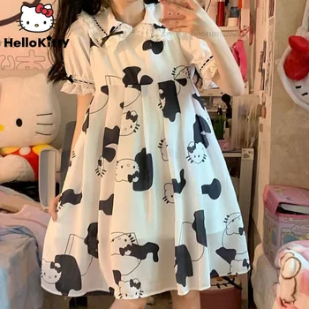 Y2k Kawaii Sanrio Hello Kitty İnek Grafik Estetik Yelek Elbise Moda Gevşek Casual Gömlek Bluzlar Yaz Kadın Lolita Kızlar