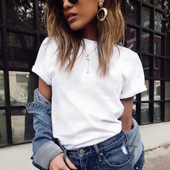 Yaz kadın moda gömlek düz renk O-boyun kısa kollu tişört Casual Tees temel siyah beyaz