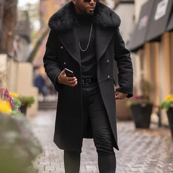Yeni erkek Uzun Palto Kış Faux Kürk Yaka Erkek Yün Ceket Palto Moda Sonbahar Erkek Kruvaze Casual Dış Giyim Ceket