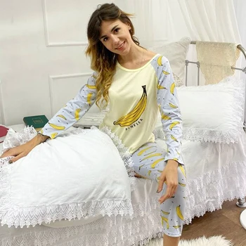 Yeni Pijama Karikatür Pamuk Pijama Kadınlar için Uzun pantolon Kısa Kollu Yaz Bahar Loungewear Moda Ev Giyim Ev Tekstili