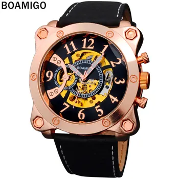 Yeni saatler erkekler lüks marka BOAMIGO moda spor iskelet otomatik mekanik kol saatleri deri kayış relogio masculino