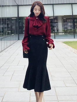 Yeni varış kadın mizaç gevşek gömlek rahat vintage siyah uzun trompet etek moda trendi sevimli bahar kadın seti