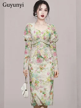 Zarif Parti Elbise 2022 Sonbahar İşlemeli Renkli Baskı Kare Yaka Puf Kollu Yüksek Bel Düğme Boncuk Vintage Elbise