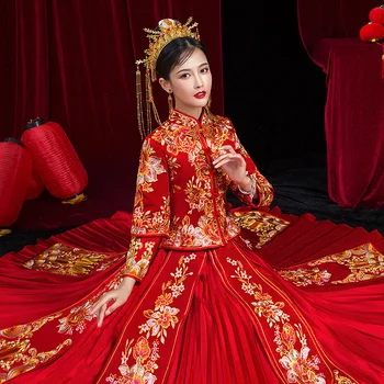 Çin Geleneksel Gelin Giysileri Çift Kırmızı gece elbisesi Klasik düğün elbisesi Kadın Elbisesi Nakış Retro İnce Cheongsam Elbise