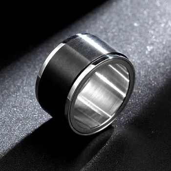 12mm Ultra Geniş Spinner Yüzük Erkekler için Anti-Stres Anksiyete Fidget Dönen Yüzükler Siyah Gümüş Renk Paslanmaz Çelik İplik Halkası