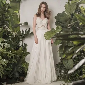 2020 Bohemian düğün elbisesi Şifon Plise Dantel Aplikler gelinlikler Kolsuz Spagetti Kayışı Boho Plaj fransa elbiseler de bal