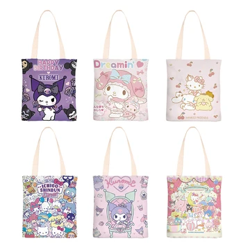 38Cm Kuromi Hello Kitty Melodi Littletwinstars Cinnamoroll Ponpon Purin Tuval alışveriş çantası Sanrio Aile Anime omuzdan askili çanta