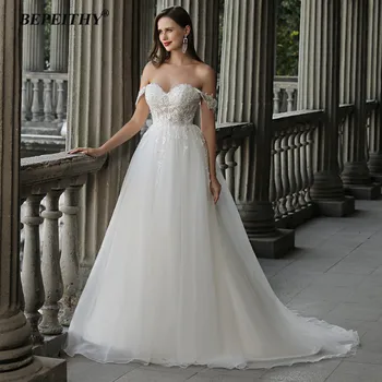 BEPEITHY Sevgiliye Bir Çizgi Fildişi düğün elbisesi Elbiseler Kapalı Omuz 2022 Vestido De Novia Kadınlar Dantel gelin kıyafeti Kolsuz