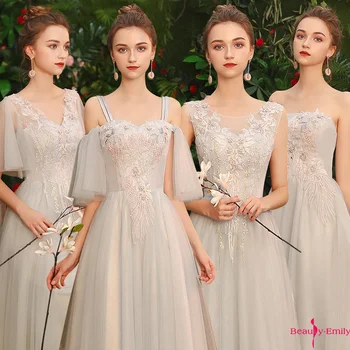 Güzellik Emily 2019 V Boyun Nedime Elbisesi Dantel Aplikler Şifon Orta Parti Elbise Düğün Kutlama Elbise Mezuniyet