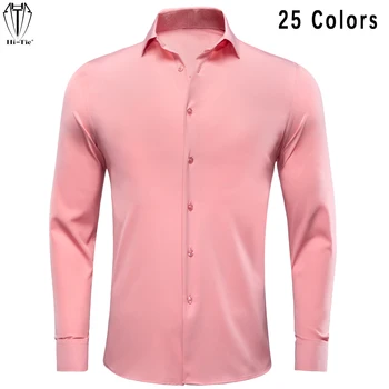 Hi-Kravat Marka Tasarımcı Erkek Gömlek Uzun Kollu Slim Fit Polyester Gömlek Bluz Erkekler İçin Nefes Giyim Pembe Mavi Kırmızı Lacivert XL