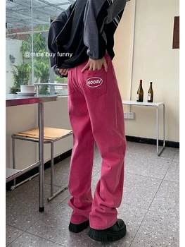 Kadın Moda Gül Kırmızı Kot 2022 Yeni Y2K Kore Moda Yüksek Bel Düz dökümlü pantolon Kadın Tatlı Streetwear Denim Pantolon