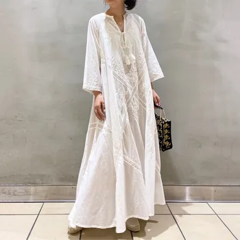 kore japonya kadın elbise yaz 2021 beyaz Dantel-Up Baskı Uzun Kollu Casual Ofis Bayan Kazak Kadın uzun maxi Elbiseler