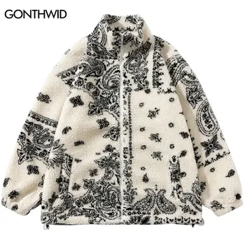 Kış Bulanık Kuzu Polar Ceket Streetwear Hip Hop Paisley Bandana Baskı Kabarık Peluş Sıcak Palto Sonbahar Harajuku günlük ceketler