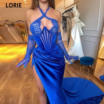 LORIE Halter Mavi Abiye 2022 Uzun Mermaid Dantel Illusion Saten Balo Abiye Örgün Kadın Parti Elbiseler Vestidos De Gala