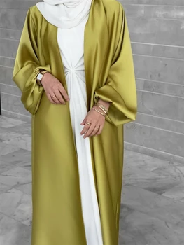 Moda Kaftan Robe Arabe Saten Abaya Kimono Türkiye Puf Kollu Açık Abayas Kadınlar için Dubai 2023 Müslüman Başörtüsü Elbise İslam Mütevazı