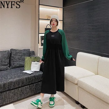 NYFS 2023 Sonbahar Kış Yeni Kore Kadın Elbise Vestidos Robe Femme Elbise Pamuk Artı Boyutu Mektup baskılı uzun elbise