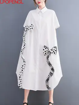 Siyah Ve Beyaz Yay Vintage Gömlek Elbiseler Kadınlar İçin Kısa Kollu Gevşek Rahat Yaz evaze elbise Moda Zarif Giyim 2022
