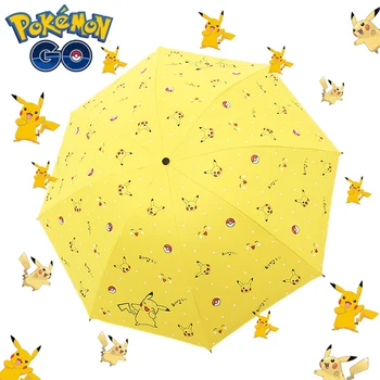 Tam Otomatik Şemsiye Anime Pokemon Figürü Pikachu Sevimli Karikatür Rüzgar Geçirmez Şemsiye Anti-Uv Şemsiye Güneşlik Erkekler ve Kadınlar için