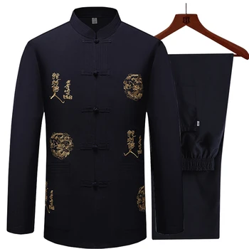 Tang takım elbise uzun kollu erkek takım elbise gömlek Çin nakış Hanfu iki parçalı kung fu çin geleneksel vestido chino tai chi