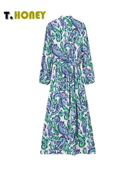 TELLHONEY Kadın Moda Baskı V Yaka Kemer Pleats Midi Elbise Kadın Vintage Casual Uzun Kollu Bir Çizgi Uzun Elbiseler