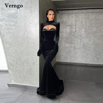 Verngo Yüksek Boyun Kadife Siyah Abiye Mermaid Uzun Kollu Balo Abiye Dubai Kadın Moda Örgün Parti Elbise 2021