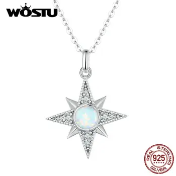 WOSTU 925 Ayar Gümüş Büyük Beyaz Ateş Opal Yıldız Zincir Kolye Kadınlar İçin heksagram Charms Kolye Doğum Günü Partisi Takı Hediye