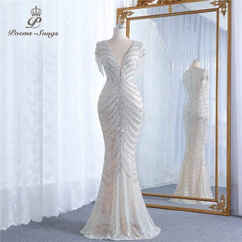 Yeni Kısa Kollu Boncuklu stil gümüş mermaid abiye vestidos formales vestidos de fiesta robe de soiree de mariage