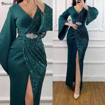 Yeşil Sequins Mermaid Müslüman Abiye Uzun 2022 Tam Kollu Seksi V Yaka Yarık Örgün Abiye giyim Vestido De Festa Longo