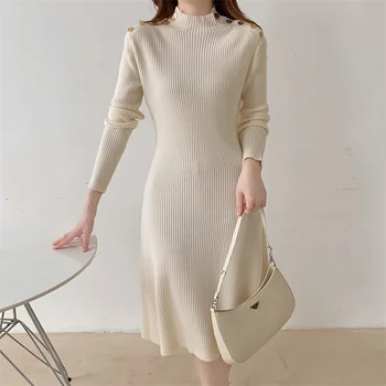 Zarif Uzun Örme Elbise Kadınlar Kore Moda Y2K Düğme Tasarım Örgü Elbise İnce Yüksek Bel Uzun Kollu Bodycon Elbise 2021