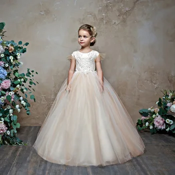 Çocuk Elbise Tül Dantel Kısa Kollu Balo Prenses Elbise Uzun Tren Romantik Kolsuz Yay Küçük Kız düğün elbisesi